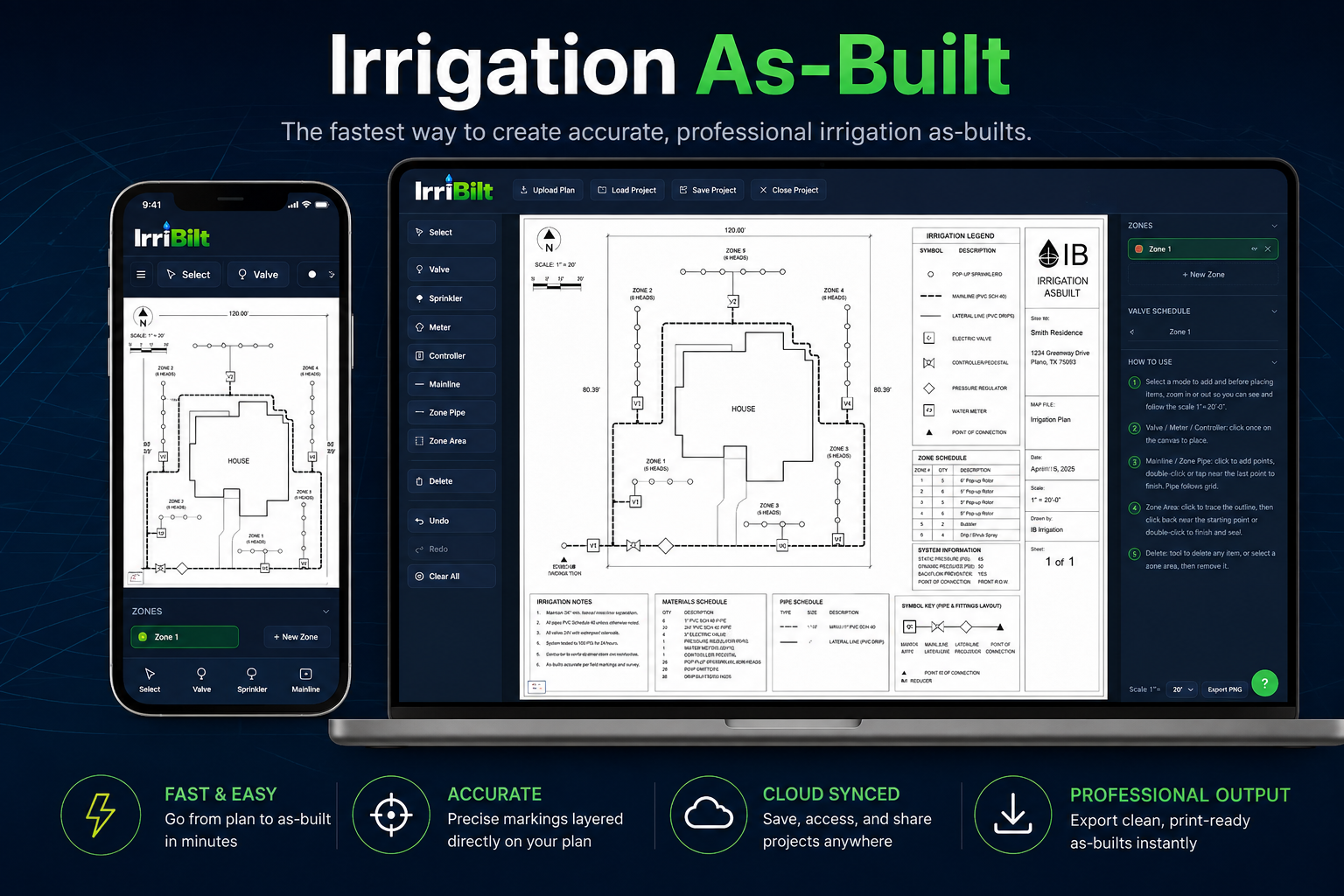 IrriBilt shown on phone and desktop screens with an irrigation as-built plan ready for markup and export.